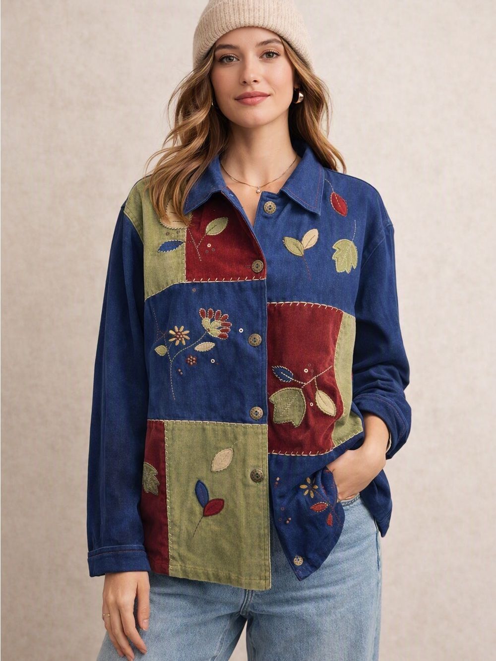Blue Patchwork Jean Jacket Petite L Fall Eclectic Boho Colorblock Vtg Artisan